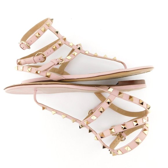 VALENTINO Rockstud Blush Pink Nude Leather Caged T-strap Thong Sandals 38 - Picture 5 of 9